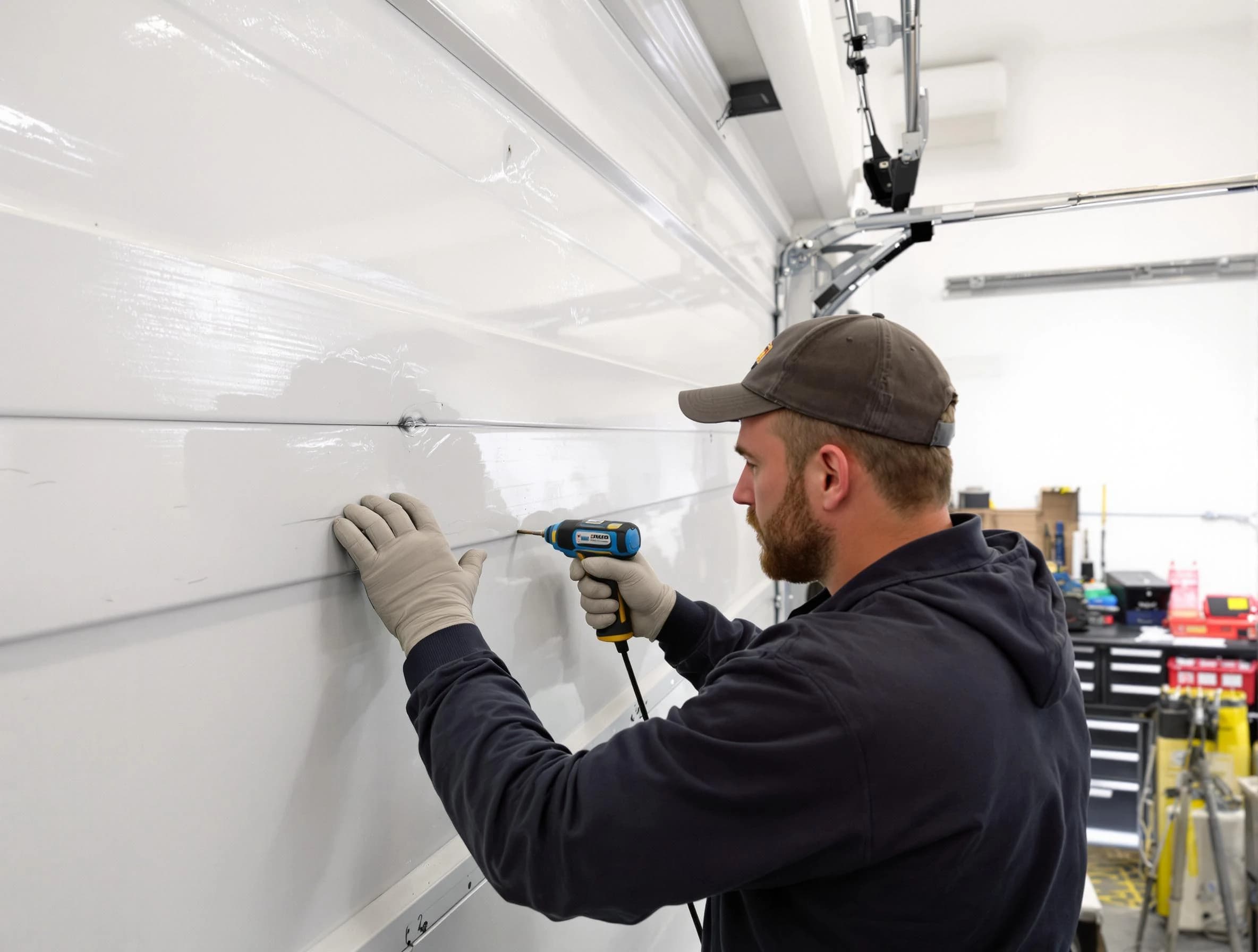 Alabaster Garage Door Repair technician demonstrating precision dent removal techniques on a Alabaster garage door